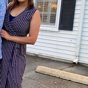 Pinstriped mid length wrap dress with navy blue slip included